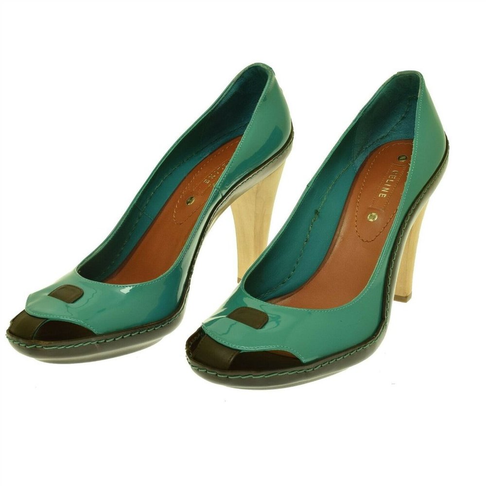 Celine Teal Patent Leather Black Peep Toe High Heels Lagoon 40 US 10 EUC Italy